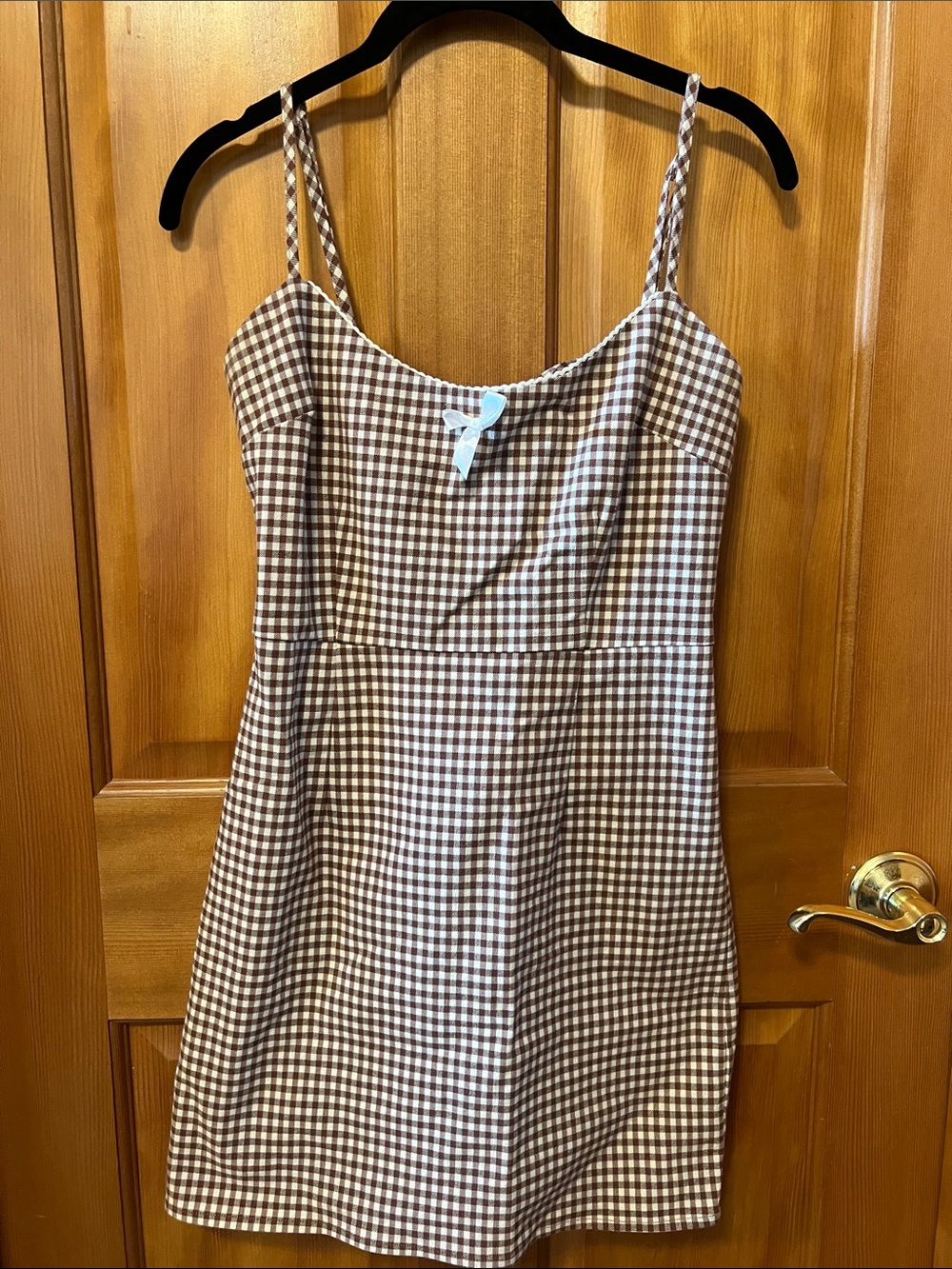 Urban Outfitters Brown and White Gingham Spaghetti-Strap Mini Dress